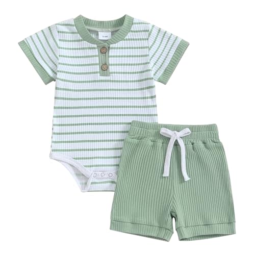 Newborn Baby Boy Girl Clothes 3 6 9 12 18 Months Ribbed Knit Short Sleeve Romper Shorts Set Infant Summer Outfits