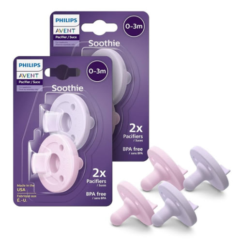 Philips Avent Soothie Orthodontic Baby Pacifiers, 100% Silicone Pacifiers, One Piece, BPA-Free, for Babies 0-3 Months, 2 Lilac and 2 Pink, 4 Pack, Model SCF190/70