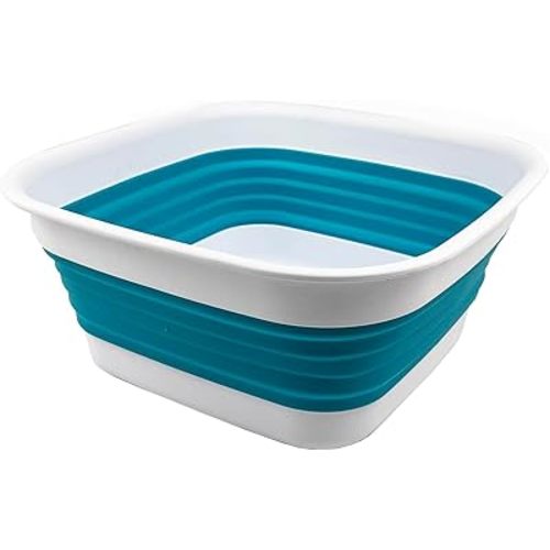 SAMMART 8L (2.1 Gallon) Collapsible Tub - Foldable Dish Tub - Portable Washing Basin - Space Saving Plastic Washtub (White/Ceramic Blue)