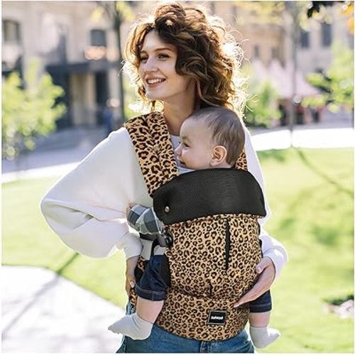 Baby Carrier with Lumbar Support, Ergonomic Infant Carrier Newborn to Toddler,Reversible Front Facing Baby Carrier with Hanging Ring,Easy Adjustable Toddler Holder Carrier for Mom Dad, Leopard