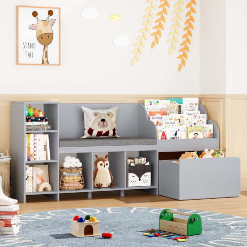 Homfa Kids Bookshelf with Reading Nook, 6 Shelf Bookcase with 1 Wood Toy Bin with 3 Tier Book Rack for Children Kidsroom, Gray