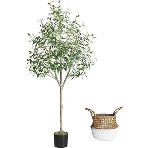 Artificial Olive Tree, 6ft Fake Olive Branch Leaves Plant with Basket, Perfect Faux Topiary Silk Tree for Indoor Home Office Living Room Decoration
