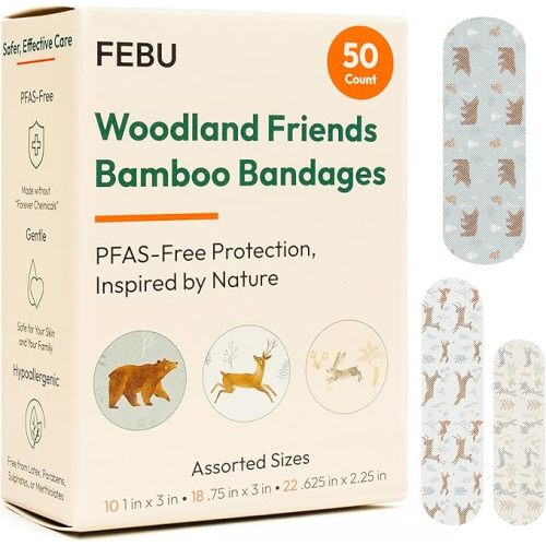 FEBU Woodland Print Bamboo Fabric Bandages | PFAS Free Flexible Fabric Bandages | Natural Hypoallergenic Bandage for Scrapes, Cuts & First Aid | Compostable, Latex Free Bandage | 50 Count Strip