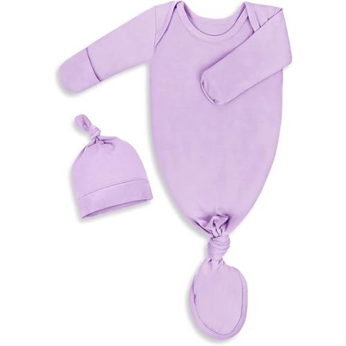 Newborn Knotted Baby Gown 0-6 Months, Super Soft Breathable Nightgowns for Babies Girl, Baby Girls Coming Home Hospital Outfit with Hat Set Purple