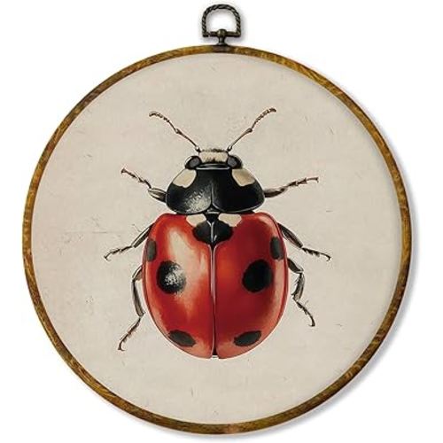 Hiuwevt Vintage Ladybug Round Wall Art Decor, Farmhouse Cottagecore Lady Bugs Framed Canvas Prints, Rustic Insect Round Wall Hanging Decor for Home Bedroom Living Room Decorations, 10x10 Inches