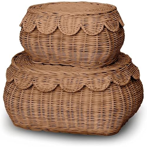 Original Scalloped Basket Set Of 2 – Small Scallop Basket - 15 x 10 x 6 In - Hand-Woven & Award-Winning - Elegant Wicker With Scalloped Edge Lid - Nursery Storage - (Mocca)