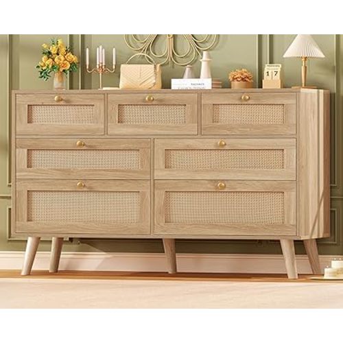 47.2''Wide 7 Drawer Rattan Dresser, Boho Dresser for Bedroom, Chest of Drawers, Closet Organizer, Natural Wood Dressers Chest for Bedroom, Living Room, Entryway, Natural