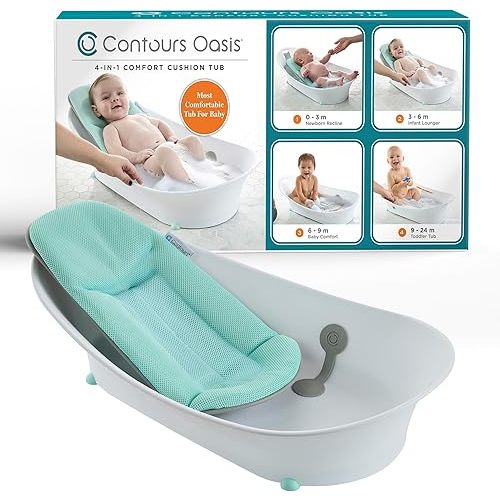 Contours Oasis 4 in 1 Comfort Cushion Baby Bathtub, Portable Infant Bath Seat, Supportive for Newborns and Toddlers 0-24 Months, Grow with Me Design, Quick Dry Mesh Pad, Easy to Clean, Blue/White