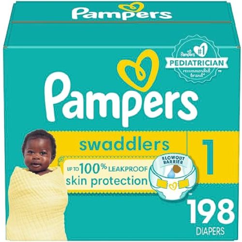 Pampers Swaddlers Diapers - Size 1, One Month Supply (198 Count), Ultra Soft Disposable Baby Diapers