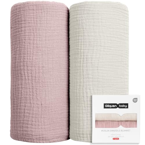 GLLQUEN BABY Muslin Swaddle Blankets for Girls, 2-Pack Organic Baby Blankets for Girl Boy, Newborn Receiving Blanket, Baby Swaddle Blanket Unisex, Baby Essentials, Registry & Gift, 40 x 38 inches