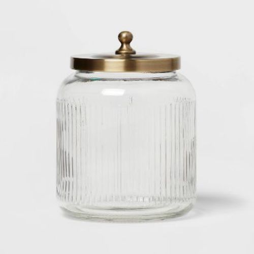 Medium Glass Bath Canister Brass - Threshold™: Elegant Storage Jar With Lid For Bathroom Organization, 43.9oz Capacity