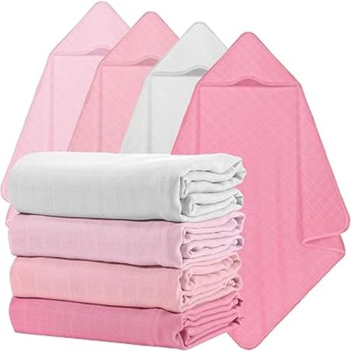 Preboun 4 Pcs Muslin Hooded Baby Towels,32"x 32" Cotton Newborn Bath Towel Muslin Infant Baby Blankets Absorbent Unisex Newborn Registry Gift for Girls Boys(Pink Series)