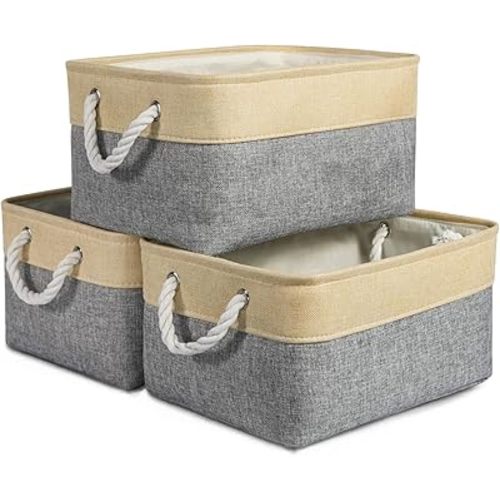 TheWarmHome Storage Bins for Organizing,Sturdy Storage Basket, Decorative Foldable Storage Baskets for Shelves Closet Toy (Gold&Grey Medium - 3 Pack 13.8L×9.8W×6.7H inch)