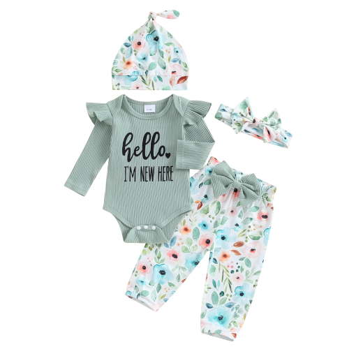 Newborn Baby Girl Clothes Outfits Rib Knit Bodysuit Romper Floral Pants Headband Hat Coming Home Outfit