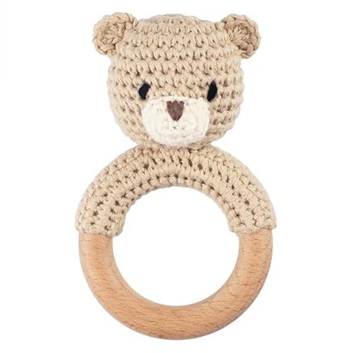 Joliecraft Safari Animals Wooden Baby Rattle Toys Stuffed Crochet Rattle with Teether Ring for Newborn, Beige Bear