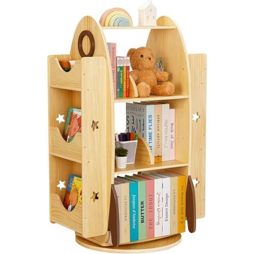 Rocket Rotating Bookshelf for Kids, 360 Display Spinning Bookshelf Tower with Large Capacity Design, Montessori Toy Shelf for Kids Rooms, Classroom, Play Room