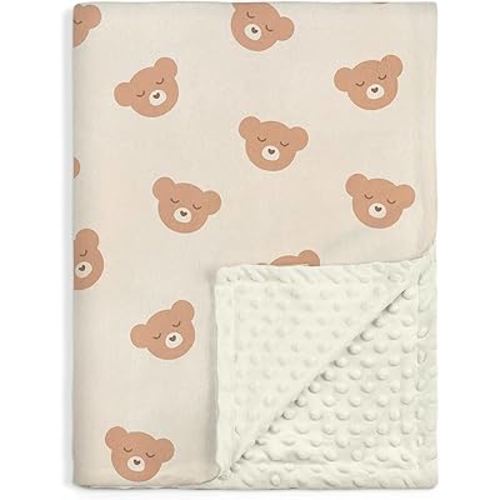 Bear Minky Baby Blanket 30 x 40 Inches for Boys Girls, Soft Plush Receiving Blanket with Dotted Back, Gift for Toddler Newborn Infant Christmas Birthday Baby Shower