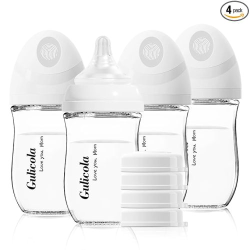 Gulicola Natural Glass Baby Bottle 4 Pack, Newborn Breastfeeding Bottles Set, Extra Slow Flow Nipples (SS), Anti Colic, 0 Months+, 5 oz - White