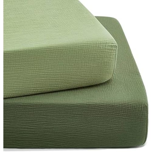 TILLYOU 2 Pack Muslin Crib Sheet for Boys and Girls - 100% Cotton Fitted Crib Sheet for Toddler Standard Crib Mattress, Soft and Breathable, 52"x28"x8",Forest Green&Light Green