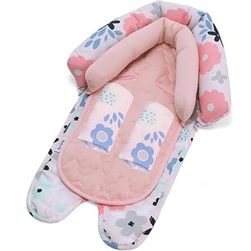 Travel Bug Baby & Toddler 2-in-1 Head Support Duo Head Support + Strap Covers for Car Seats, Strollers & Bouncers (Pink Floral)
