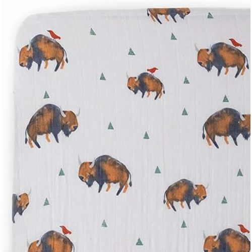 Little Unicorn Bison Fitted Crib Sheet | 100% Cotton Muslin | Super Soft | Sized for Standard Baby Crib & Toddler Mattress | Machine Washable | 52” x 28” x 9”