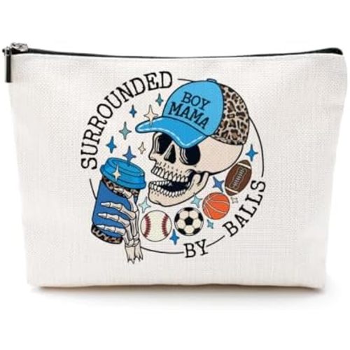Boy Mother Mom Gifts Funny Makeup Bag Baseball Soccer Football Basketball Sports Gifts Skeleton Cosmetic Bag Sports Mama Zipper Pouch Gifts for Mom Women Sports Coaches Birthday Gifts