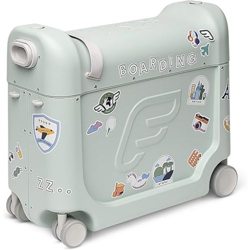 Stokke JetKids BedBox, Green Aurora - Ride-On Suitcase for Kids 2-7 Years Old (up to 77 lbs) - Transforms Into Bed - Includes Mattress, Decorative Stickers & Adjustable Carrying Strap