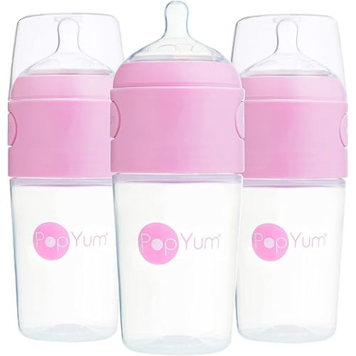 PopYum 9 oz Pink Anti-Colic Formula Making/Mixing/Dispenser Baby Bottles, 3-Pack with #2 Medium Flow Nipples, 260 ml, BPA-Free, Natural Latch