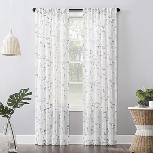 No. 918 - 56509 Delia Embroidered Floral Sheer Rod Pocket Curtain Panel, 50" x 63", White