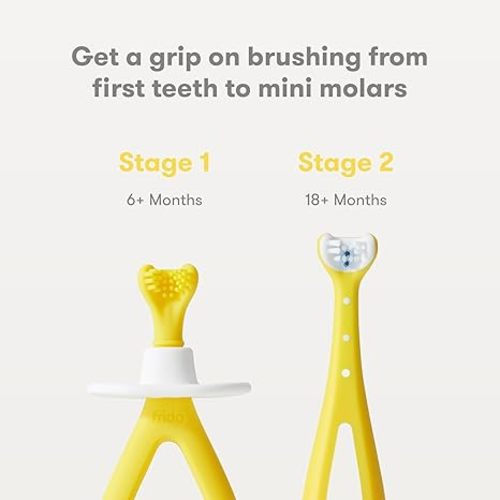 Frida Baby Grow-with-Me Baby Toothbrush Training Set, Easter Basket Stuffer for Kids, Infant to Toddler Toothbrush 0-12 months, Cleans All Sides at Once, Oral Care for Sensitive Gums, Yellow