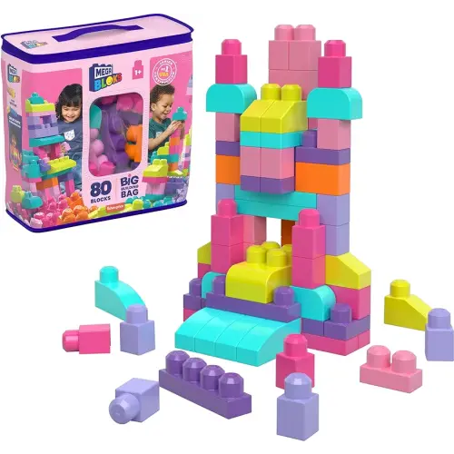 MEGA BLOKS First Builders Toddler Blocks Toys Set, Big Building Bag with 80 Pieces and Storage, Pink, Ages 1+ Years