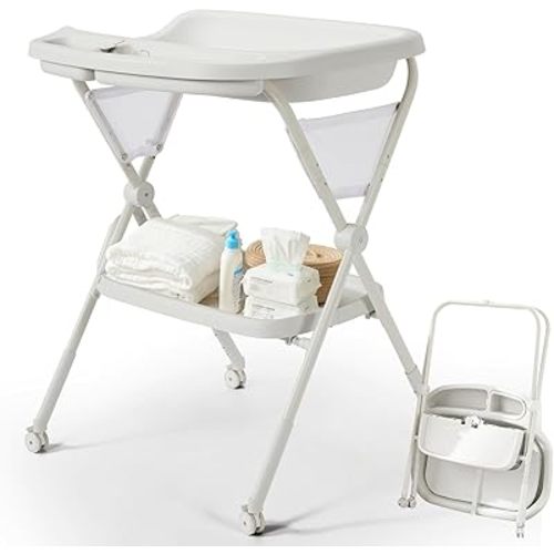 Baby Changing Table with Wheels, Foldable Adjustable Height Diaper Changing Tables with Changing Pad & Storage Rack Diaper Station for Newborn Baby and Infant, Light Grey