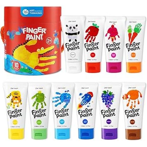 Jar Melo Washable Finger Paints for Toddlers, 10 Colors Large Capacity (2.1fl oz), Non Toxic Baby Paint for Hand and Feet, Safe Art Supplies, Preschool Learning Gifts for Kids Age 2+