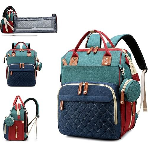 Diaper Bag with Changing Station, Waterproof 3 in 1 Baby Diaper Backpack with Foldable Changing Pad, Large Travel Back Pack for Girl Boy, Red-Green-Blue