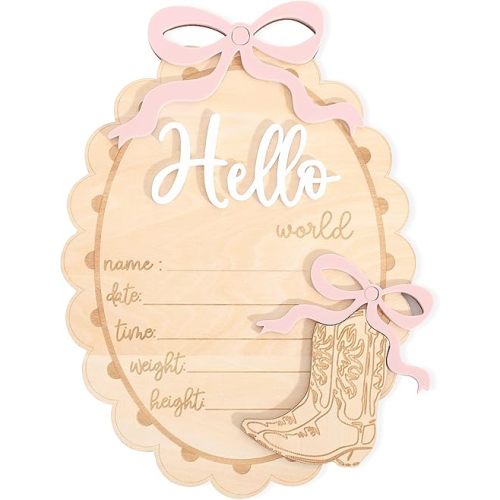 Wooden Baby Birth Announcement Sign - Hello World Newborn Photo Prop, Personalized Name & Date Plaque, Baby Shower Decor, Nursery Keepsake for Newborn Photography (Cowgirl&Bow)