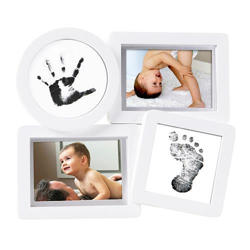 Pearhead Newborn Babyprints Handprint and Footprint White Wooden Collage Desk Frame with "Clean-Touch" Ink Pad