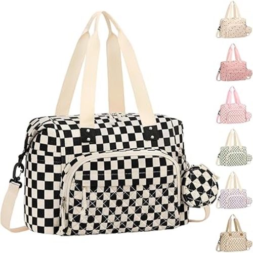Tenot Corduroy Diaper Bag Tote, Baby Bag Travel Diaper Tote Bag with Pacifier Case, Large Baby Diaper Bags for Women, Ctue Diaper Bags For Baby Girl Boy Mom Maternity Hospital Bag, Black Checkered