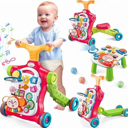 AuntyFey 5-in-1 Baby Walker, Adjustable Height Push Walker with Wheels, Sit to Stand Infant Learning Toy for Boys Girls, Red