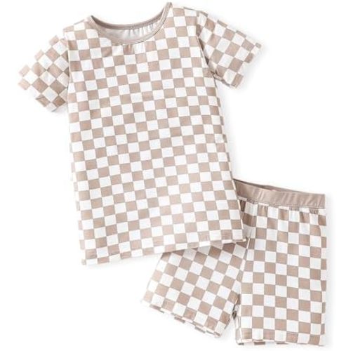 OPAWO Bamboo Pajamas Toddler Boy Clothes Checkered Tee and Shorts 2 Piece Summer Bamboo Baby Pajamas Sleepwear Pjs Set 12M-5T