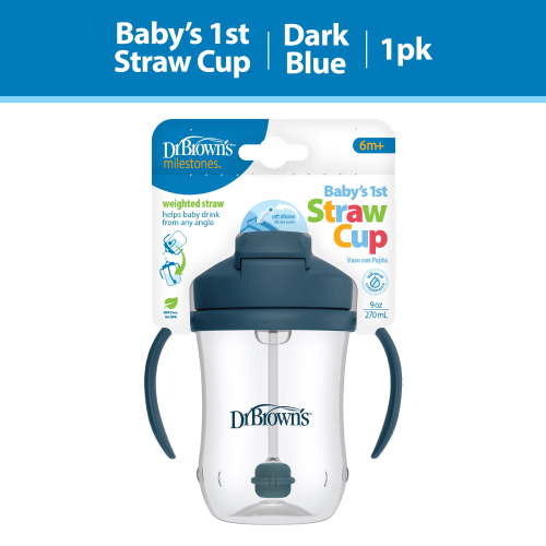 Dr. Brown's Milestones Baby's First Straw Cup, Training Cup with Weighted Straw, 9oz/270ml, Dark Blue, 6m+