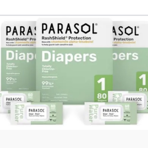 Parasol Chlorine-Free Diapers 240ct and Wipes 240ct with RashShield Protection - Size 1