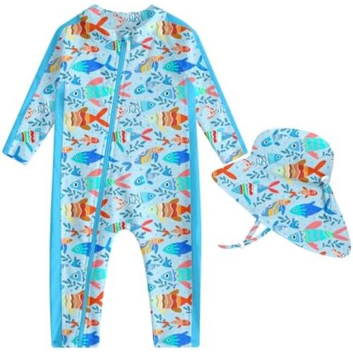 UNIFACO Baby Boy Swimsuit UPF 50+ Sun Protection One Piece Zip Bathing Suit with Sun Hat Infant Sunsuit Swimwear