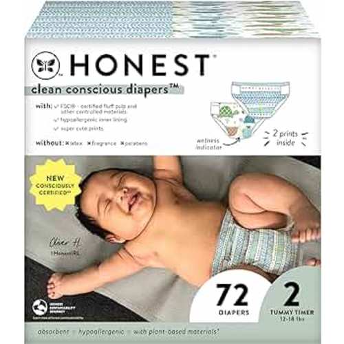 The Honest Company Clean Conscious Diapers | Plant-Based, Sustainable | Turtle Time + Dots & Dashes | Club Box, Size 2 (12-18 lbs), 72 Count