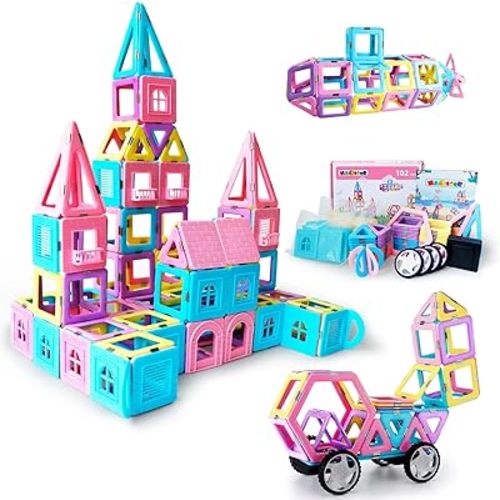 MAGBLOCK 102 Pieces Magnetic Tiles Toys for 3 4 5 Year Old Girls Boys, Castle Magnet Toy Building Block for Kids Toddlers, Magnetic Blocks Educational Montessori STEM Toys for Toddler Girls Gifts
