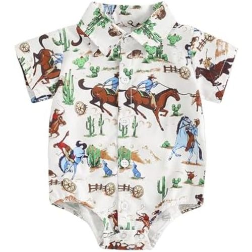 Newborn Western Baby Boy Outfits Country Cow Shirt Romper Short Sleeve Button Down Bodysuit Cowboy Summer Clothes