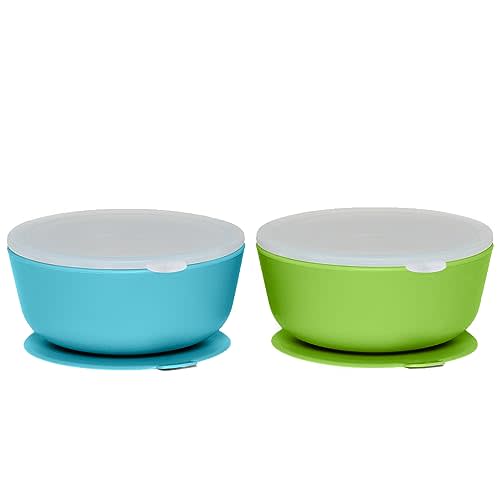 WeeSprout Suction Bowls for Baby & Toddlers (Set of 2) - 100% Silicone w/Plastic Lid - Leak Proof Feeding Supplies - Dishwasher & Microwave Safe Infant Dinnerware w/Extra Strong Base