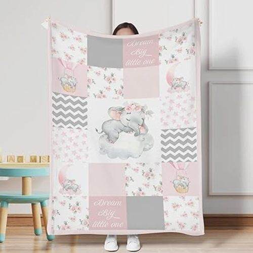 HawSkgFub Sleeping Elephant Flower Baby Blanket Girls Gift Pink Gray, Dream Big Little One Patchwork Flannel Fleece Nursery Bed Blankets, Soft Lightweight Newborn Infant Toddler Crib Bedding 30 x 40