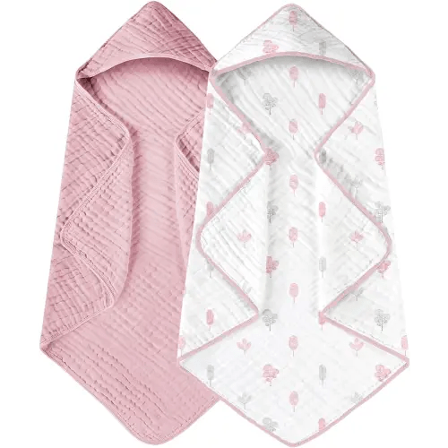Yoofoss Hooded Baby Towels for Newborn 2 Pack 100% Muslin Cotton Baby Bath Towel with Hood for Babies, Infant, Toddler and Kids, Large 32x32Inch, Soft and Absorbent Newborn Essential