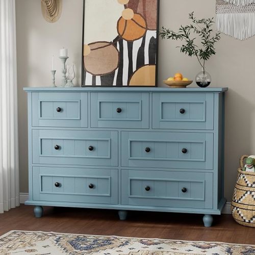 Scurrty Antique Dresser, Modern Chest of Drawers, Large Cabinet with Storage, Dresser for Clothes in Living Room, Bedroom (Blue, 7 Drawers)