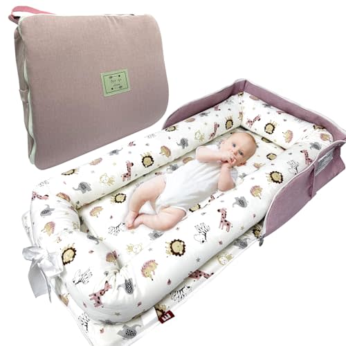 Baby Lounger, Foldable Portable Infant Lounger, Baby Nest Cover, Suitable for 0-24 Months Newborn Baby Lounger,Home Travel Dual-Purpose Baby Nest（Pink Zoo）